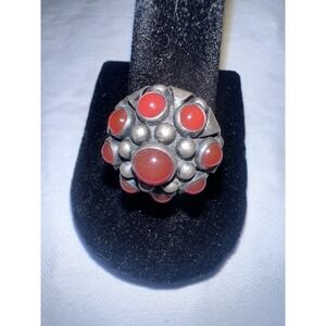 Vintage 800 Silver Red Coral Cluster Ring Bohemian Domed Cocktail‎ Ring 7